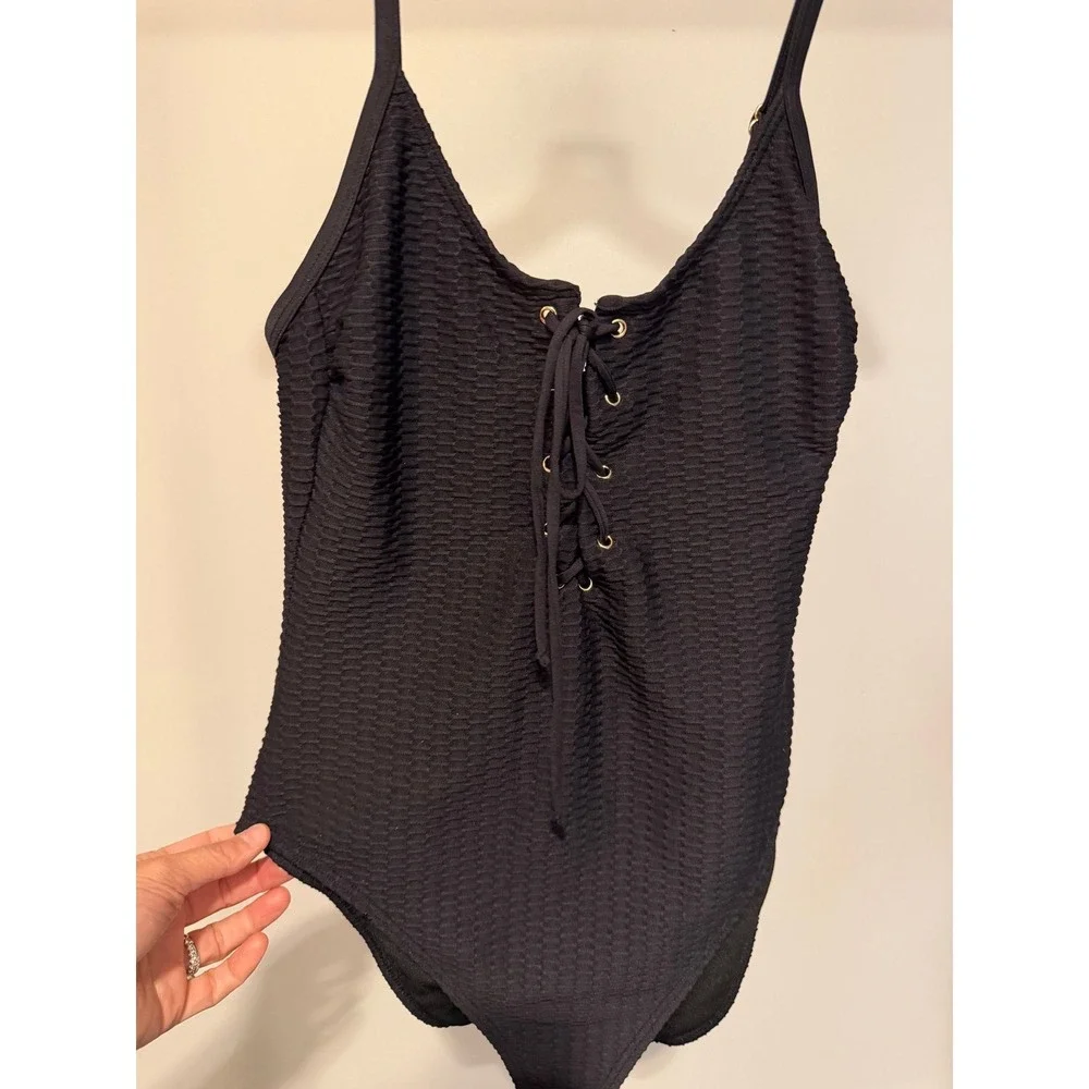 Kenneth Cole Black Textured Lace-Up Front One-Piece Swimsuit